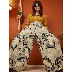Vtg 70s Geisha Print Pants Wide Leg Palazzo Polyester Japanese Edo Size Small